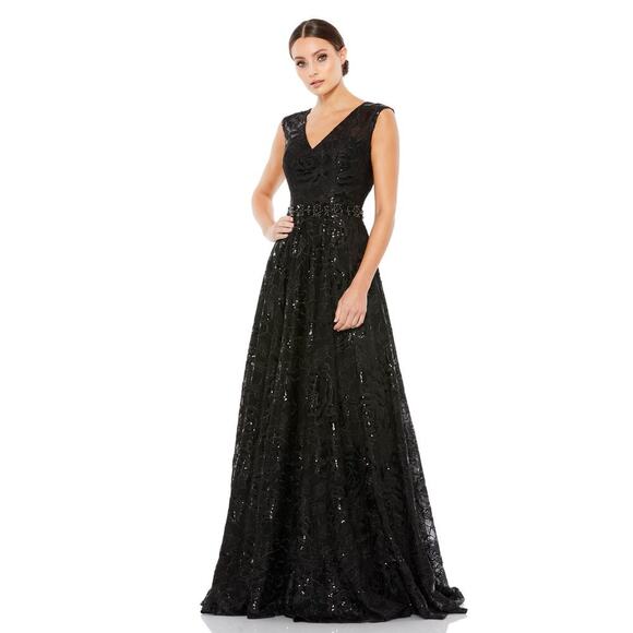Mac Duggal Women's Black Embroidered Cap Sleeve A-Line Gown Dress Size 8 NWT - Picture 2 of 11